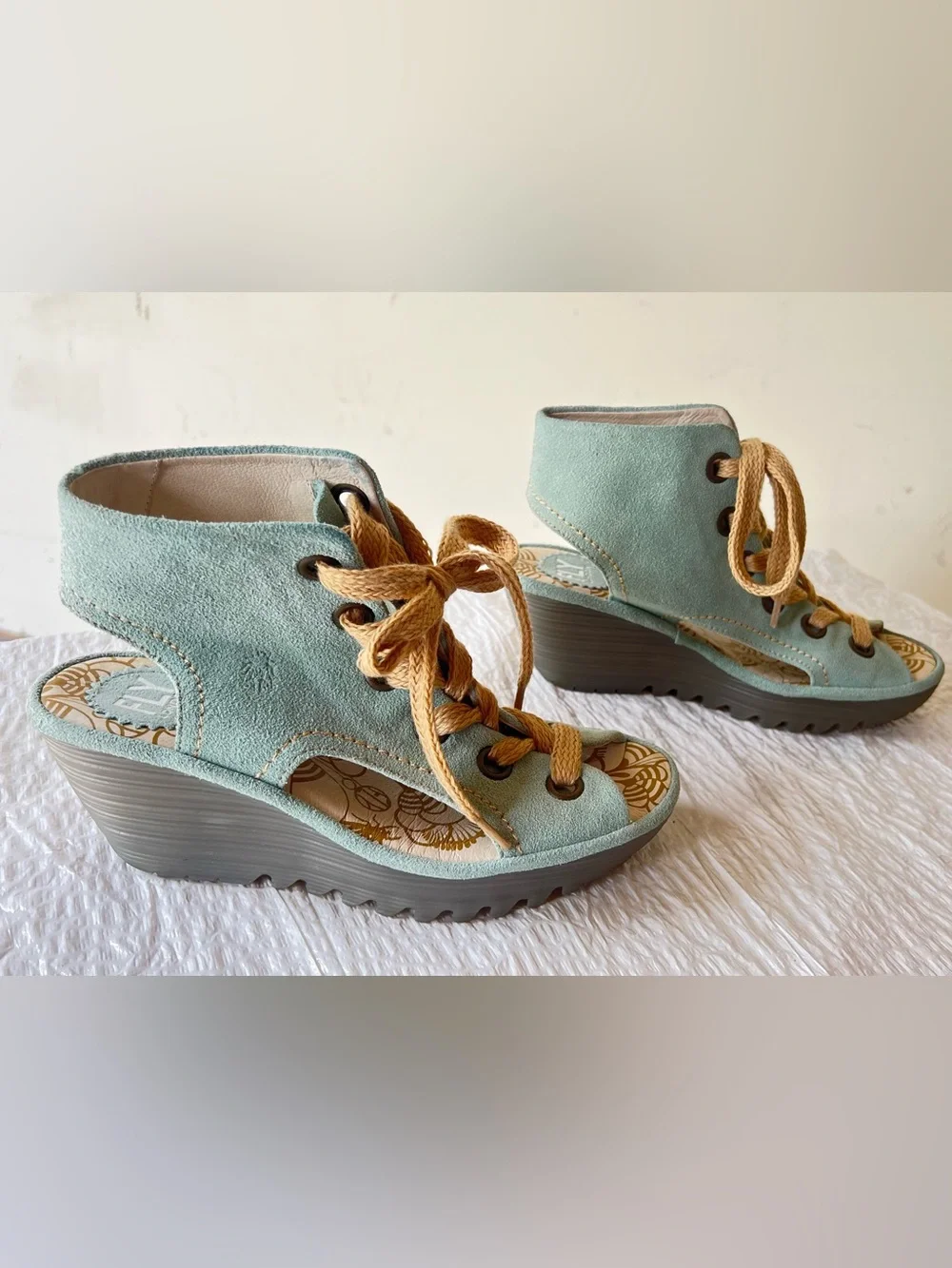 Fly London Mint Green Suede Lace-Up Wedge Sandal